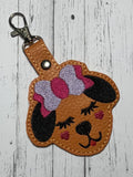 ITH Digital Embroidery Pattern for Pup With Bow Snap Tab / Keychain, 4X4 Hoop
