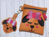 ITH Digital Embroidery Pattern for Pup With Bow Snap Tab / Keychain, 4X4 Hoop