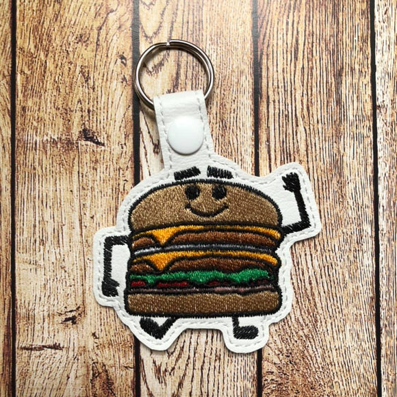 ITH Digital Embroidery Pattern for Burger Guy Snap Tab / Keychain, 4X4 Hoop