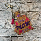 ITH Digital Embroidery Pattern for Best Mom Ever with Hearts Snap Tab / Keychain, 4X4 Hoop