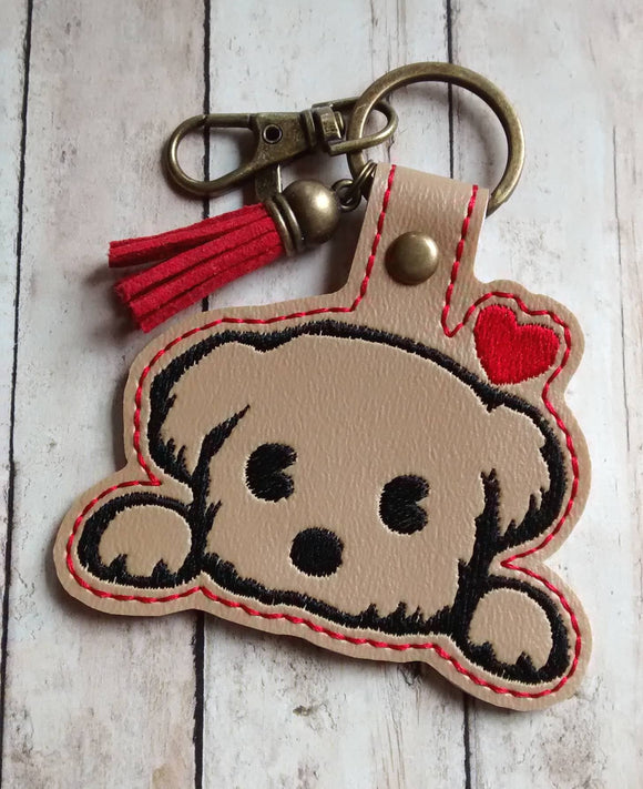 ITH Digital Embroidery Pattern for Peeking Puppy Snap Tab / Keychain, 4X4 Hoop