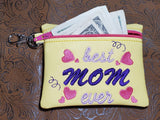ITH Digital Embroidery Pattern for Best Mom Ever with Hearts Cash Card Zipper Pouch 4.8X3.9, 5X7 Hoop