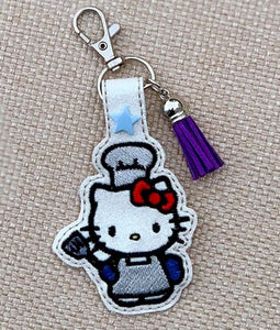 ITH Digital Embroidery Pattern For Cat In Costume Chef Snap Tab / Key Chain, 4X4 Hoop