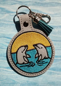 ITH Digital Embroidery Pattern for 2 Dolphin Sun Set Snap Tab / Key Chain, 4X4 Hoop