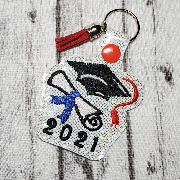 ITH Digital Embroidery Pattern for Grad Cap 2021 Snap Tab / Key Chain, 4X4 Hoop