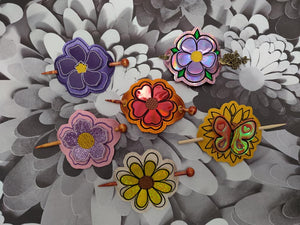 ITH Digital Embroidery Pattern for Bundle Set of 6 3D Flower Hair Bun Holders, 4X4 Hoop