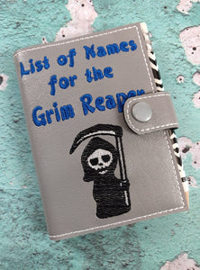 ITH Digital Embroidery Pattern for List of Names Grim Reaper Mini Comp Notebook Cover with Snap Tab, 6X10 Hoop