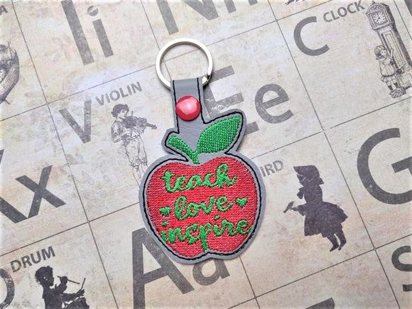 ITH Digital Embroidery  Pattern for Teach Love Inspire Apple Snap Tab / Key Chain, 4X4 Hoop