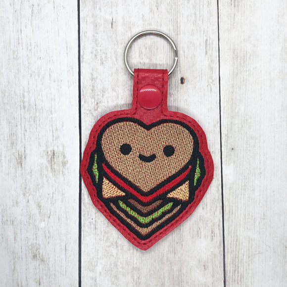 ITH Digital Embroidery Pattern for Heart Burger Snap Tab / Key Chain, 4X4 Hoop