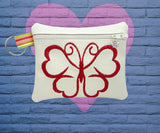 ITH Digital Embroidery Pattern for Heart Winged Butterfly Tall Cash Card Zipper Pouch, 5X7 Hoop