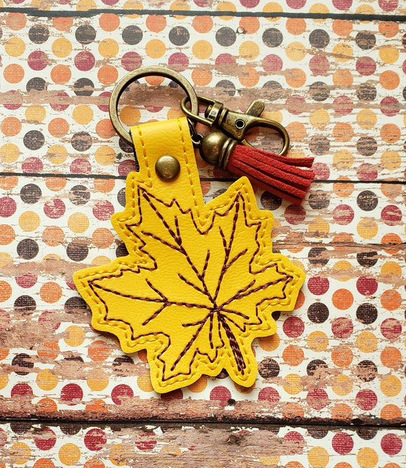 ITH Digital Embroidery Pattern for Fall Leaf Snap Tab / Key Chain, 4X4 Hoop