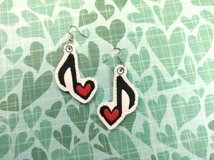 ITH Digital Embroidery Pattern for 8th Note Heart Earrings - Zipper Pulls, 2X2 Hoop