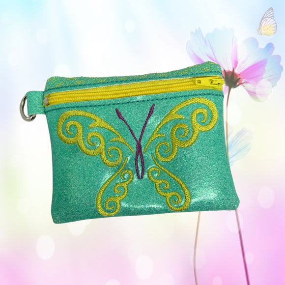 ITH Digital Embroidery Pattern for Curl Swirl Butterfly Cash / Card 4.9 X 3.8 Zipper Pouch , 5X7 Hoop