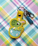 ITH Digital Embroidery Pattern for Easter Dino In Egg Snap Tab / Key Chain, 4X4 Hoop