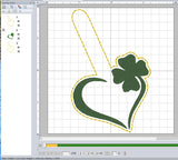 ITH Digital Embroidery Pattern for 4 Leaf Clover Heart Snap Tab / Key Chain, 4X4 Hoop