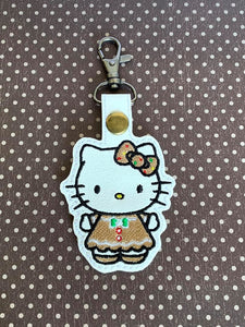 ITH Digital Embroidery Pattern For Cat in Gingerbread Girl Costume Snap Tab / Key Chain, 4X4 Hoop