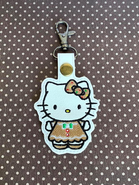 ITH Digital Embroidery Pattern For Cat in Gingerbread Girl Costume Snap Tab / Key Chain, 4X4 Hoop