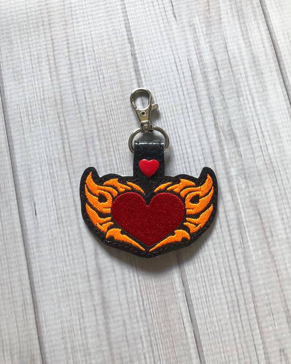 ITH Digital Embroidery Pattern For Heart with Flame Wings Snap Tab / Key Chain, 4X4 Hoop