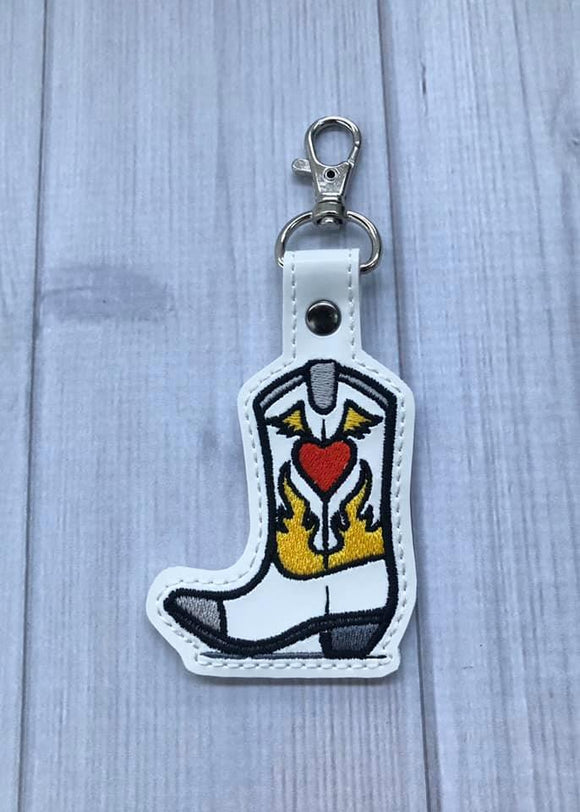 ITH Digital Embroidery Pattern For Heart with Flames Cowgirl Boot Snap Tab / Key Chain, 4X4 Hoop
