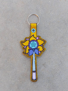ITH Digital Embroidery Pattern For Star Wand Yellow Flower Snap Tab / Key Chain, 5X7 Hoop