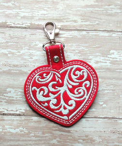 ITh Digital Embroidery Pattern for Filigree Heart Snap Tab / Key Chain, 4X4 Hoop