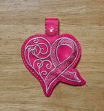 ITH Digital Embroidery Pattern For Awareness Ribbon Swirl Heart Snap Tab / Key Chain, 4X4 Hoop