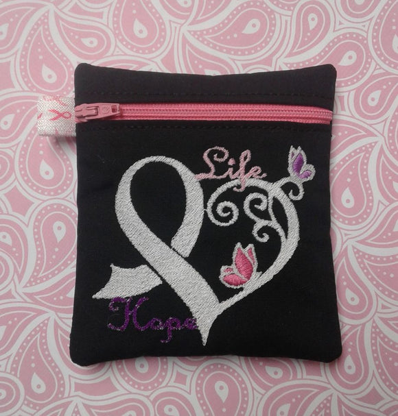 ITH Digital Embroidery Pattern for Life Hope Ribbon Cash Card Zip Bag, 5X7 Hoop