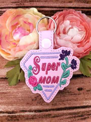ITH Digital Embroidery Pattern for Super Mom Snap Tab / Key Chain, 4X4 Hoop