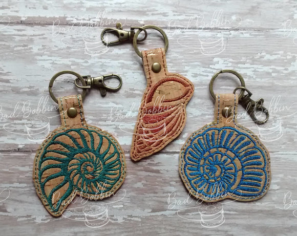 ITH Digital embroidery Pattern for Set of 5 Sea Shell Snap Tabs / Key Chains, 4X4 Hoop