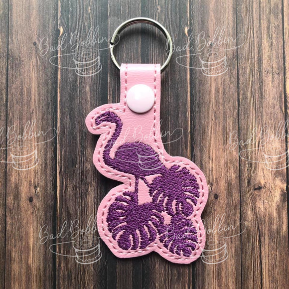 ITH Digital Embroidery Pattern for Flamingo with Leaf Snap Tab / Key Chain, 4X4 Hoop
