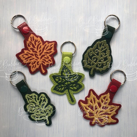 ITH Digital Embroidery Pattern for Set of 5 Fall Leaves Snap Tabs / Key Chain, 4X4 Hoop