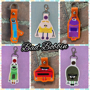 ITH Digital Embroidery Pattern for Set of 6 SB Character's Snap Tabs / Key Chains, 4X4 Hoop