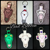 ITH Digital Embroidery Pattern for Set of 11 Animal Bulbs Snap Tabs / Key Chains, 4X4 Hoop