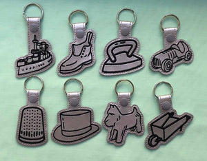 ITH Digital Embroidery Pattern for Monopoly Game Piece Set of 8 Snap Tab / Key Chain, 4x4 hoop