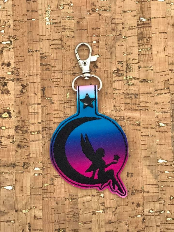 ITH Digital Embroidery Pattern for Fairy Sitting in Crescent Moon Snap Tab / Key Chain, 4x4 hoop