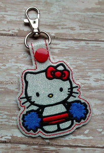 ITH Digital Embroidery Pattern for Hello Cat Cheer Leader with Pom Poms Snap Tab / Key Chain, 4x4 hoop