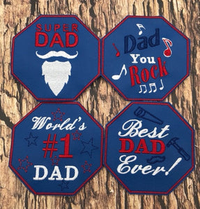 ITH Digital Embroidery Pattern for Set of 4 Fathers Day Coasters, 4x4 hoop