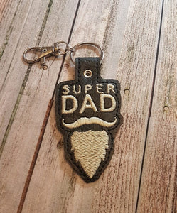 ITH Digital Embroidery Pattern for "Super Dad" with Beard & Mustache Snap Tab / Key Chain, 4x4 hoop
