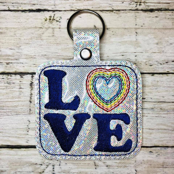 ITH Digital Embroidery Pattern for Rainbow Heart LOVE Snap Tab / Key Chain, 4x4 hoop