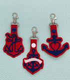 ITH Digital Embroidery Pattern for Anchors Set of 3 Snap Tab / Key Chain, 4x4 hoop