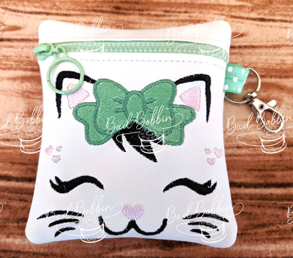 ITH Digital Embroidery Pattern for Pretty Kitty Face Cash / Card Tall 4.5X5 Zipper Pouch, 5X7 Hoop